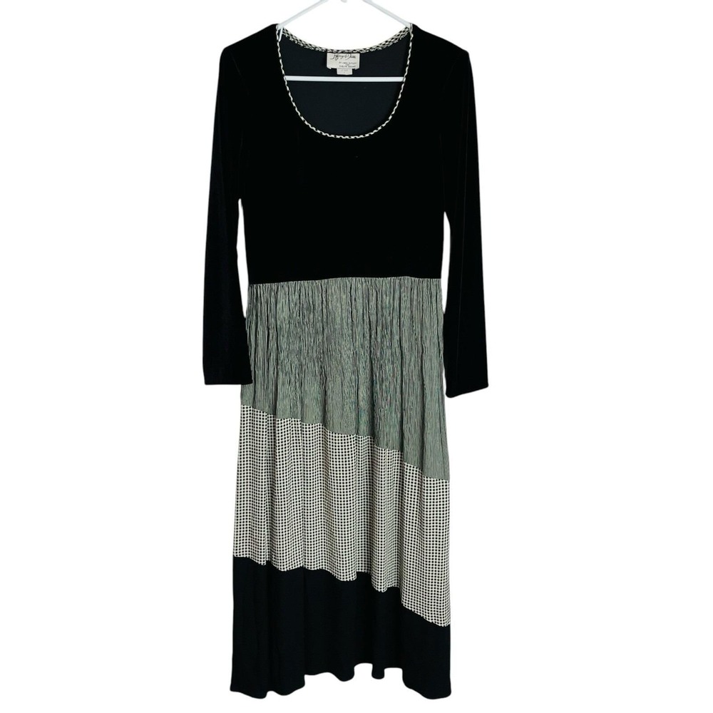 Vtg Jeffrey & Dara Womens Knit Midi Dress 8 Black Velvet Bodice Paneled 80s 90s